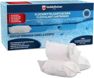 Veddelholzer 1 kg Flocculant Poolkartuschen, 8 x 125 g für Filteranlagen, Sand- und Glasfilter, Poolreiniger