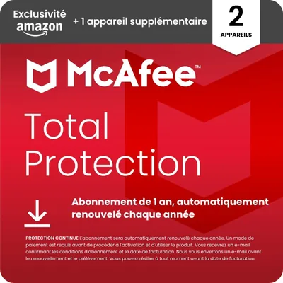 McAfee Total Protection 2 + 1 appareil supplémentaire 2026 | Antivirus, VPN, logiciel de sécurité | Abonnement de 12 mois - 85% Off