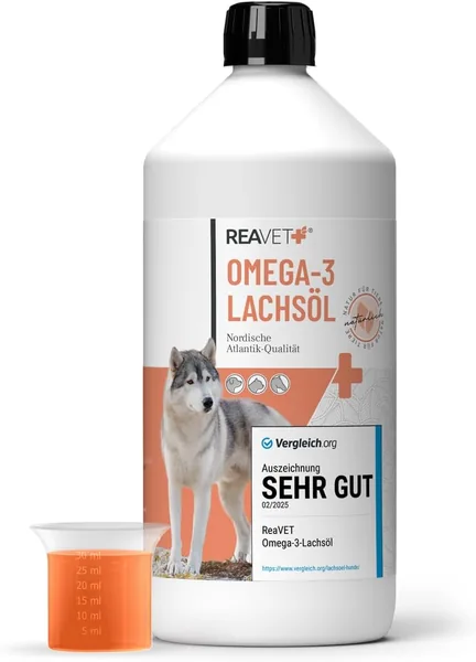 ReaVET Salmon Oil Dogs 1 Litre - Rich in Omega 3 & 6, Fish Oil Dog High Dose, Real Food Grade without Additives, Freshly Bottled in Germany