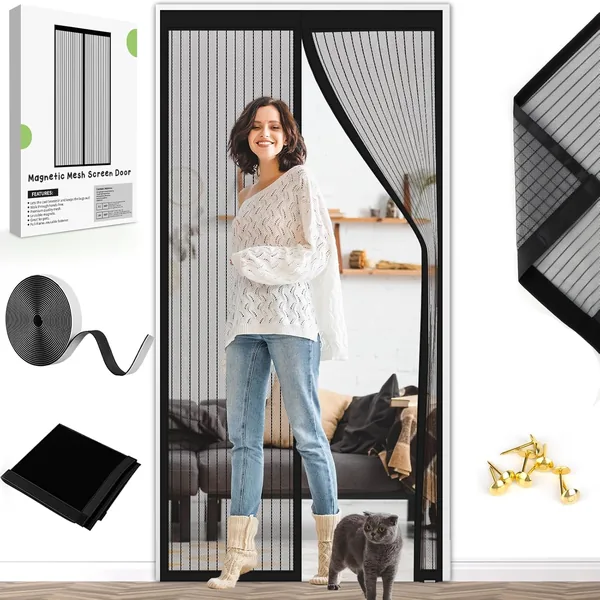 Magnetic Fly Screen Door Curtain - Fly Curtains 90X210cm for Doors with Powerful Magnets and Full Frame Magic Tape