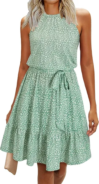Sommerkleid für Frauen, Knielanges Elegantes Kleid mit Blumenmuster und Halterneck-Rüschenkragen mit Taschen - Best Deal