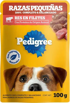 Pedigree - Sobres para Perro, Raza Pequeña, Sabor Res en Filetes, Ingredientes Naturales, Proteínas y Fibra, 24 Sobres, Descuento 31%