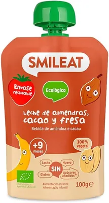 Smileat - Bolsa de Frutas Orgánicas - Sin Sal ni Azúcar Añadida, Libre de Gluten - Tentempié Práctico para Niños - Leche de Almendras, Cacao