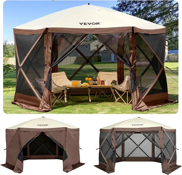 VEVOR Camping Gazebo Tent, 12'x12', 6 Sided Pop-up Canopy Screen Tent for 8 Person Camping