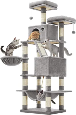 FEANDREA Katboom, 168 cm Katten toren met 13 Krasspalen, 1 Krabtrap, 2 Zitplaatsen, 2 Holen, Mand, Hammak, Pompoms, Meertalig