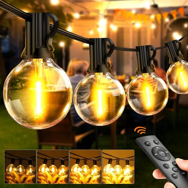 Outdoor String Lights Garden 65Ft 20M LED Festoon Light Mains Powered with Remote Dimmable Timer Outside Light Waterproof G40 26+2 Bulbs Hanging Patio Lighting Party Wedding for Ga