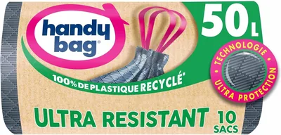 Sac de rangement pratique avec poignées coulissantes, fond imperméable, 100% plastique recyclé, 1 rouleau de 10 sacs de 50L
