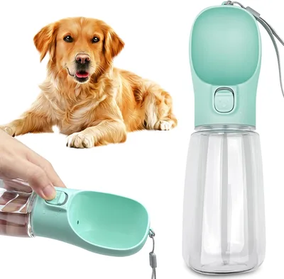 Newaner 550 ml Hundewasserflasche, leckensicher, tragbar, Grün | Welpenwasser Dispenser mit automatischem Fütterer für Katzen und Hunde im Freien