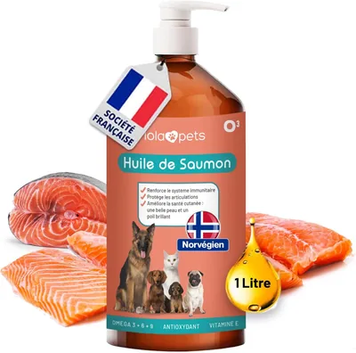 Huile de Saumon pour Chiens et Chats 1 LITRE depuis la NORVÈGE - Omega 3+6+9, Vitamine E | 100% Naturel, Pression à Froid - avec Mesure Pratique