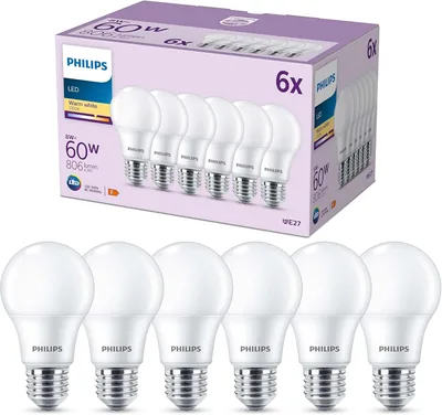 Luci LED Philips E27, Confezione da 6 Lampadine, Equivalente a 60W, Lente Frosted, Plastica, Luce Calda Bianca 2700K, Risparmio Energetico