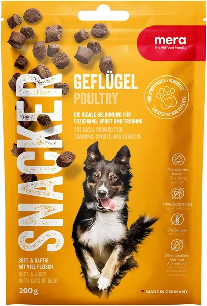 MERA Snacker Poultry (1 x 200 g), geflügelfreie, weiche Hundekekse für Training oder Leckerei, herzhafte Fleisch-Leckereien für alle Hunde