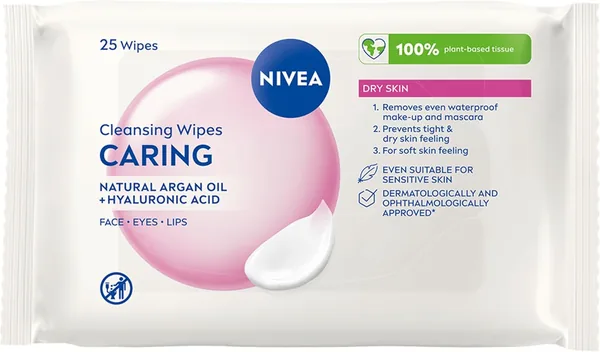 NIVEA Caring 3-in-1 Cleansing Face Wipes for Dry Skin (25 Sheets)