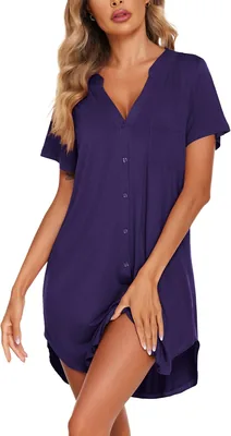 Ekouaer Women's Button Down Nightgown Short Sleeve V Neck Sleep Shirt Nursing Nightdress Loungewear Pajama Dress, Best Deal