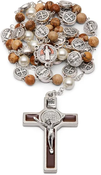 Mondo Cattolico Rosary Beads Set - Pearl & Enameled St. Benedict, Best Deal