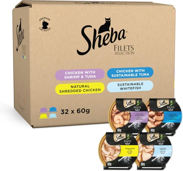 Sheba Fillet Assortments Wet Cat Food Mix of 4 Dome Chicken with Shrimp and Tuna