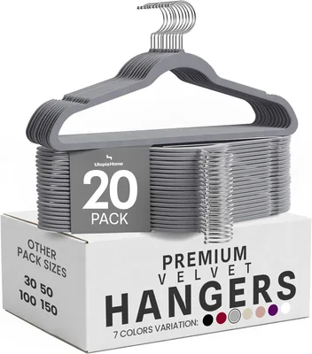 Colgadores Premium de Terciopelo Utopia (Gris, Paquete de 20) | Colgadores sin Deslizamiento | Diseño Ajustado | Resistentes | Adecuados para Ropa de Adulto