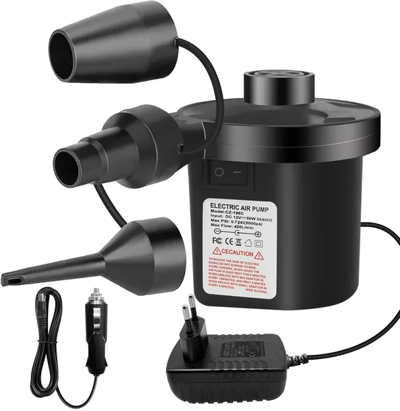 Electric Air Pump Portable Quick Fill Air Bed Pump 240V AC/12V DC 3 Nozzles