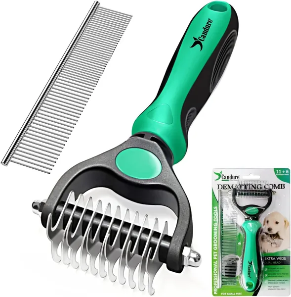 Pinceau de toilettage professionnel Candure pour chats et chiens à poils longs - Rake double face avec dents 11+6 - Retire les nœuds, tapis et emmêlements