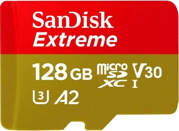 SanDisk 128GB Extreme microSD UHS I Card for 4K Video on Smartphones, Action Cams & Drones SDSQXAA 128G GN6MN, Red/Gold