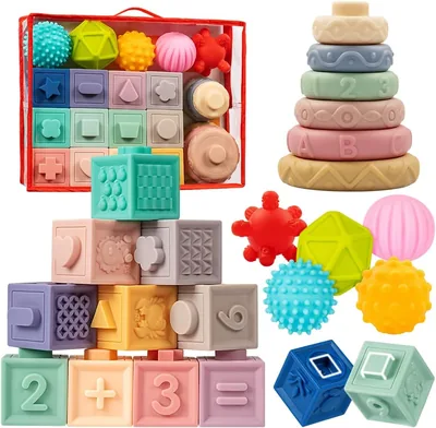 Jyusmile Baby Toys 6-12 Months - Stacking Building Blocks & Teether