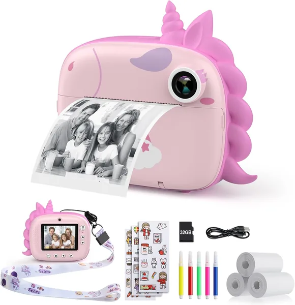 HiMont Instant Digital Kids Camera with Printing Paper and 32GB TF Card, Video Camera, Colored Pencils, Photo Clips for Crafts