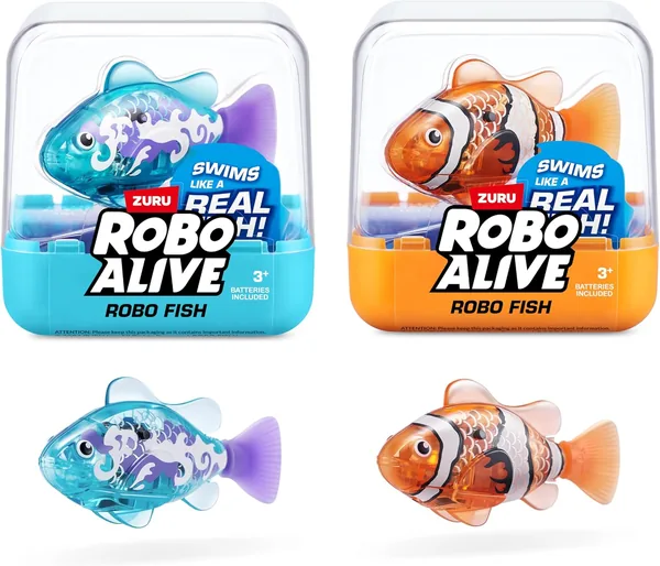 ROBO ALIVE Robo Fish Serie 3, 2 Pack di Pesci Robot a Forma di Pesce, Colori Arancione e Blu, Nuotano in Direzioni Diverse - Giocattolo da Bagno per Bambini