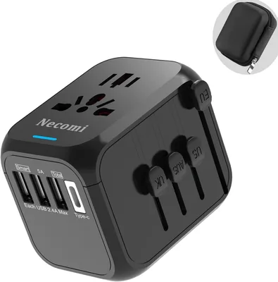 محول عالمي للسفر Necomi، شاحن دولي بقدرة تكييف الحائط مع 3 منافذ USB ومنفذ Type-C