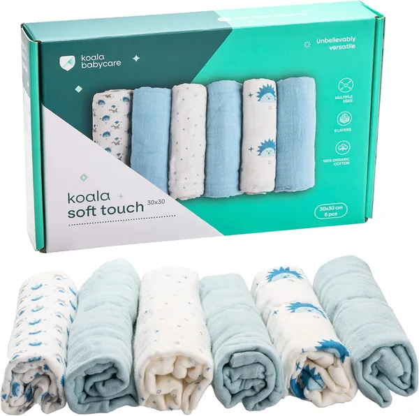 Koala Babycare Baby Muslin Muslin 100% Cotton - 6 Pieces 30 x 30 cm - Ideal as a Gift for Babies Blue