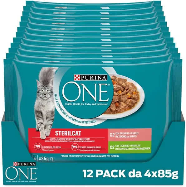 Purina One Sterilcat Cibo Umido per Gatti Adulti Sterilizzati con Salmone e Carote, Tacchino e Fagioli Verdi in 48 x 85 g