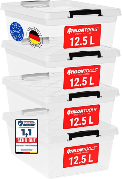 ATHLON TOOLS 4 x 12.5 L Storage Boxes with Lid, Food-Safe, Sealing Clips, 100% New Material Plastic
