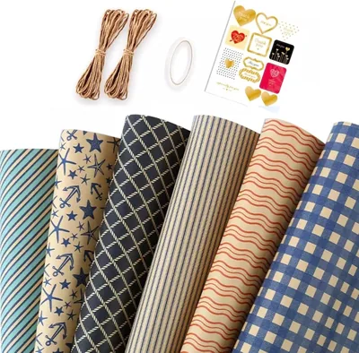 Gift Wrapping Paper Set - 6 Pack Kraft Paper with Hemp String & Stickers