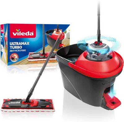 Vileda Ultramax Turbo - Balai à frange innovant avec bac wringer - 80% microfibre - Nettoyeur de sol pour un nettoyage approfondi