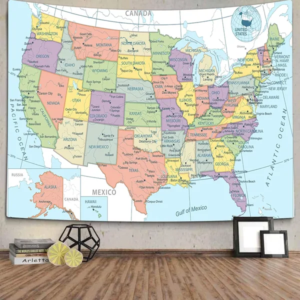 TOMOZ US Map Tapestry - Educational Wall Hanging for Kids & Students