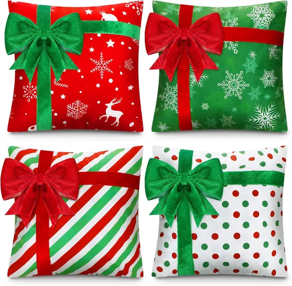 Kingdder Christmas Pillow Covers Set of 4 Farmhouse Xmas Pillow Cases Gift Box Style Snowflake Bow Decoration for Couch Holid