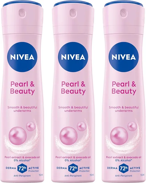 NIVEA Pearl & Beauty Antiperspirant Deodorant for Women, Soft & Smooth, 72H Active Protection, 0% Alcohol, with Pearl Extract and Avocado Oil, Spray