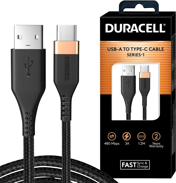 Duracell USB-A to Type C 65W Braided Sync&Fast Charging Cable, 1.2M