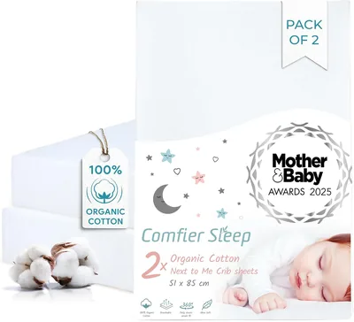 Organic Cotton Fitted Sheets for Pram, White, 51 x 85 cm, Set of 2