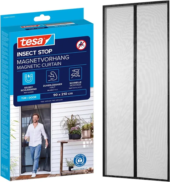 tesa Magnetic Self-Closing Curtain - Insect Screen Curtain with Magnets for Balcony and Patio Doors