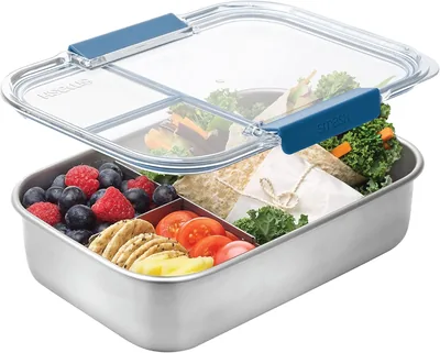 Smash Bento Lunch Box - Stainless Steel, 3 Compartments, 1300ml Blue Best Deal