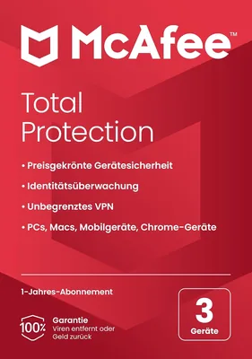 McAfee Total Protection (3 Geräte) 2025 | 12 Monate | Secure VPN, Sicherheitssoftware mit Virenschutz, Kennwort-Manager