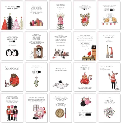 Funny Christmas Card Pack - 20 Punny and Sarcastic Holiday Greeting Cards by Aly Lou | Cute, Blank I