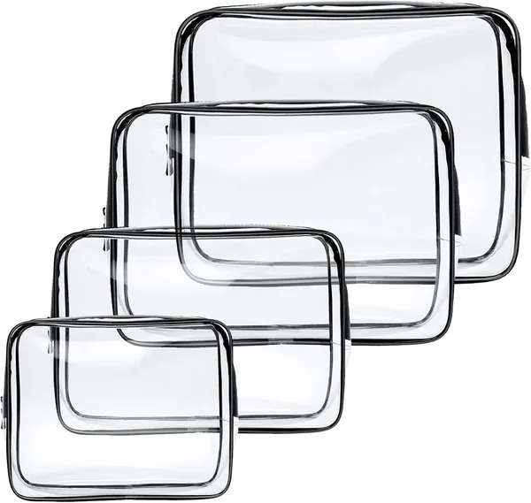 Aucuu 4-Pack Clear Wash & Makeup Bags TSA Approved Makeup Bags, PVC Waterproof Travel Wash Bags for Family, Men, Women (Large, Medium, Small, Minimum)