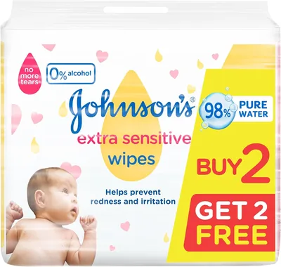 Johnson's Baby Wipes Extra Sensitive, 98% Pure Water, 224 Count (2+2 FREE)