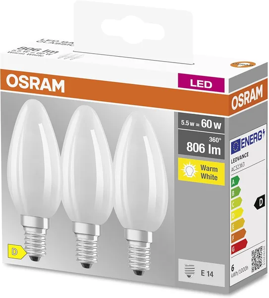 Osram Star Filament Light Bulb for E14 Base, Matte Glass, Warm White (2700K), 806 Lumens