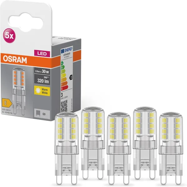 Osram Star PIN LED Light Bulb for G9 Base, Clear Glass, Warm White (2700K), 320 Lumens, Replacement for Conventional 30W Bulbs, Non-Dimmable, Pack of 5