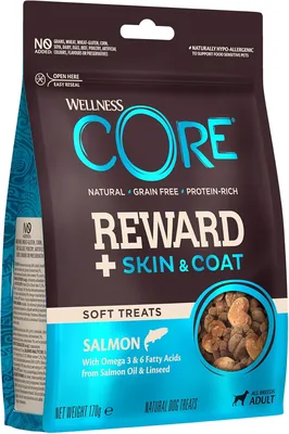 Wellness CORE Reward+ Huid & Vacht 170g, Zalm - Zachte Snacks voor Honden, Graanvrij, Natuurlijk, Hypoallergeen, Hoog Proteïne