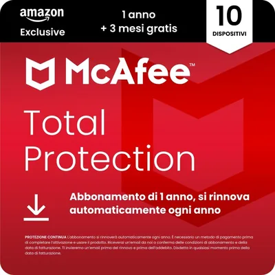McAfee Total Protection - 10 Dispositivi, 2026, 15 Mesi, Esclusiva Amazon | Antivirus, VPN, Gestore Password