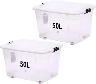 Premify 50L Storage Box with Lockable Lid & Wheels - Transparent Organizer