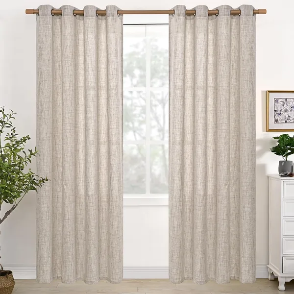 YoungsTex Natural Linen Curtains 84 Inch Long for Living Room Bedroom Grommet Top Light Filtering Privacy Linen Textured Window Semi Sheer Drapes, 2 Panels, 52x84 Inch, Natural