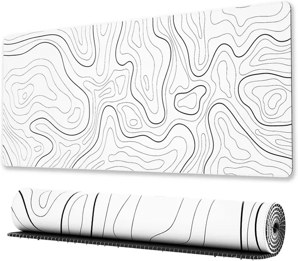 Large Gaming Mouse Pad with Stitched Edges, Minimalist Topographic Map Desk Mat